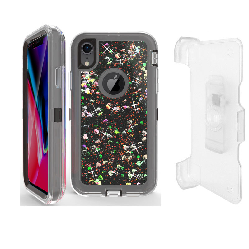 iPHONE Xr 6.1in Star Dust Clear Liquid Armor Robot Case with Clip (Black)